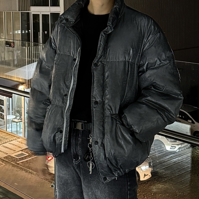남자 르메 겨울 오버핏 웰론 스트링 크롭 숏 패딩 점퍼 - 상세 이미지 3