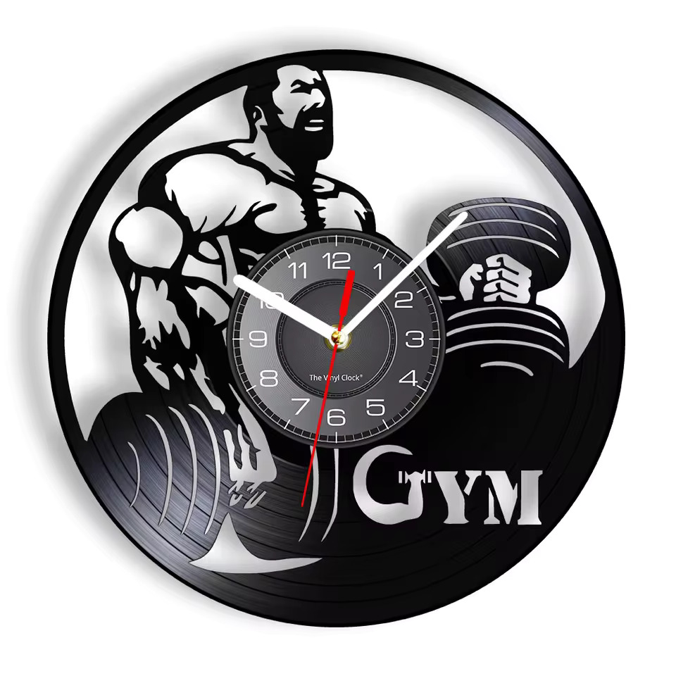 벽시계 거실 인테리어 무소음 벽걸이용 엔틱 예쁜  Powerlifter 홈 체육관 벽 장식 비닐 레코드 시계 역도 강한 남자 피트니스 빈티지 보디... 