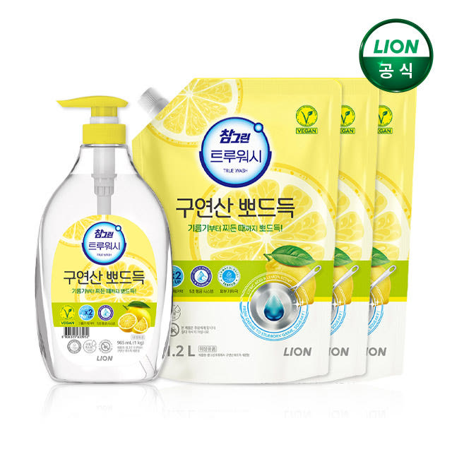 참그린 구연산 뽀드득 주방세제 레몬 본품 1kg +1.2L 리필 3개 가격 비교 라이온코리아 브랜드스토어 참그린 구연산 뽀드득 주방세제 레몬 본품 1kg +1.2L 리필 3개