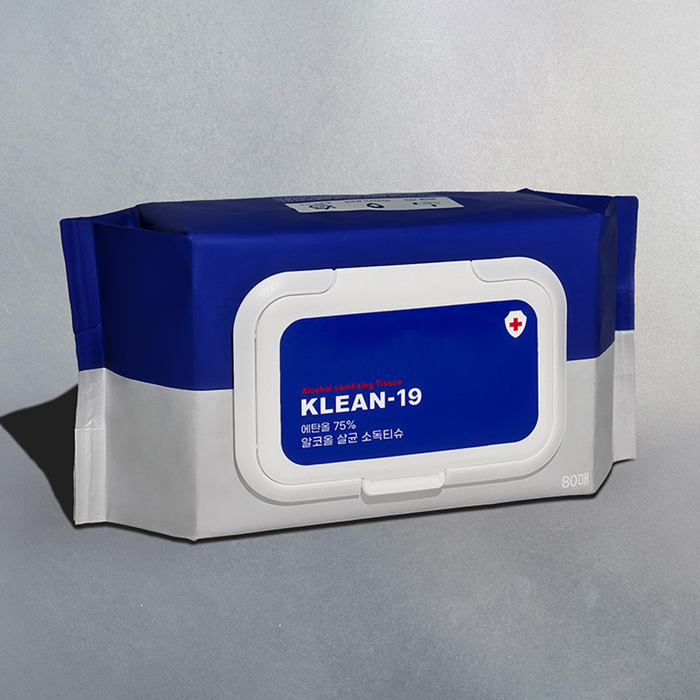 KLEAN-19 에탄올 75% 소독티슈 알콜 살균 세정 차량 애견용 80매 엠보싱 1박스