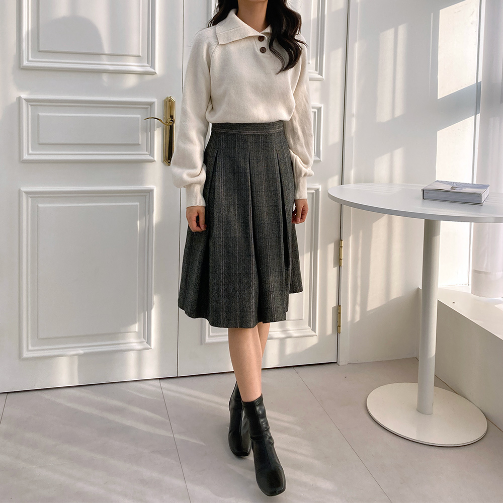 울 모직 체크 플리츠 미디 주름 스커트 S/M/L - 상세 이미지 2