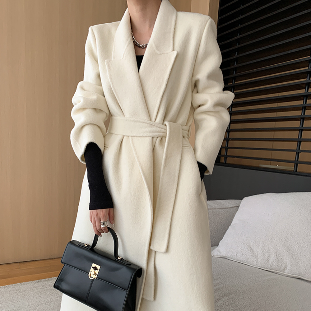 핸드메이드 울코트 여성 한겨울 아이보리 오버핏 벨티드 양모 롱코트 러블리해라