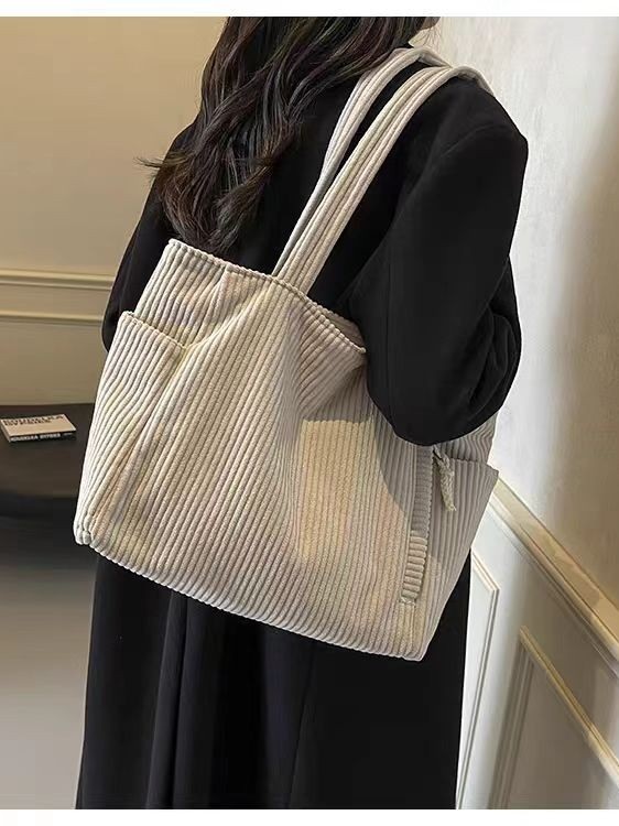 코듀로이 여성 대용량 토트백 사계절 캐주얼 숄더백 - 상세 이미지 2