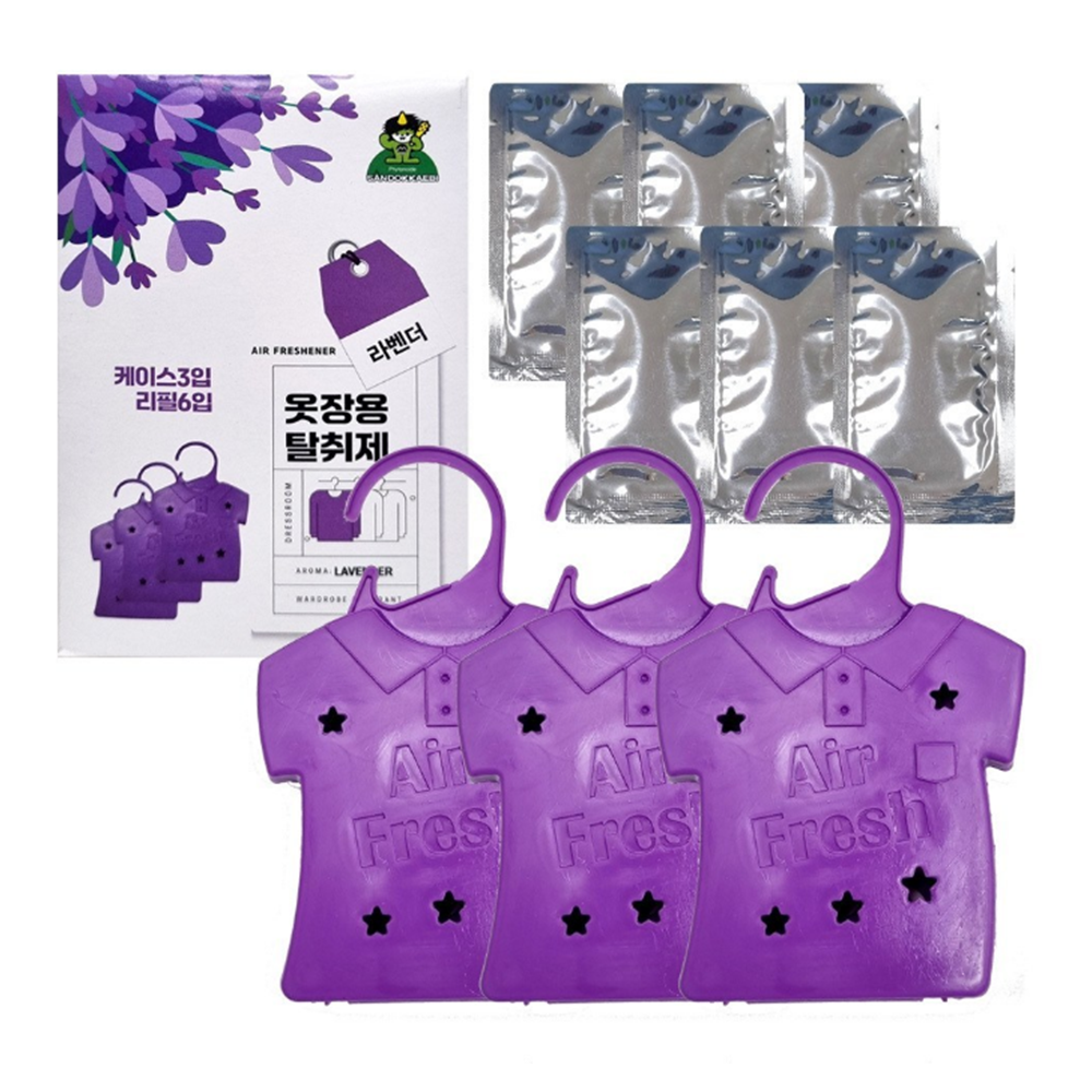 산도깨비 옷장용 탈취제 세트 (케이스 3입 + 리필 6입) 라벤더 꽃 향 - 상품 이미지