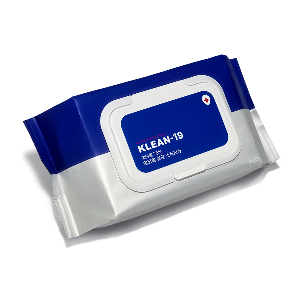 KLEAN-19 에탄올 75% 소독티슈 알콜 살균 세정 차량 애견용 80매 엠보싱 1박스