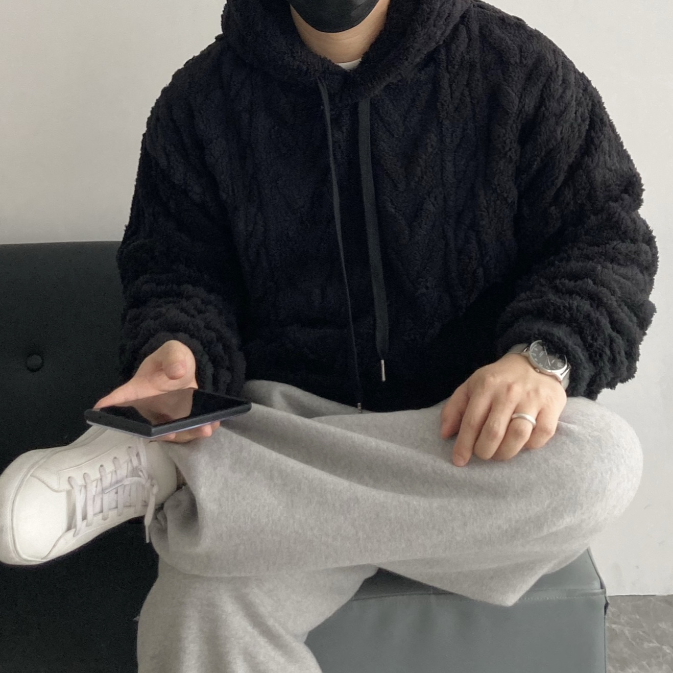 남자후드티 양털 뽀글이 후리스 헤링본 오버핏후드티 - 상세 이미지 5