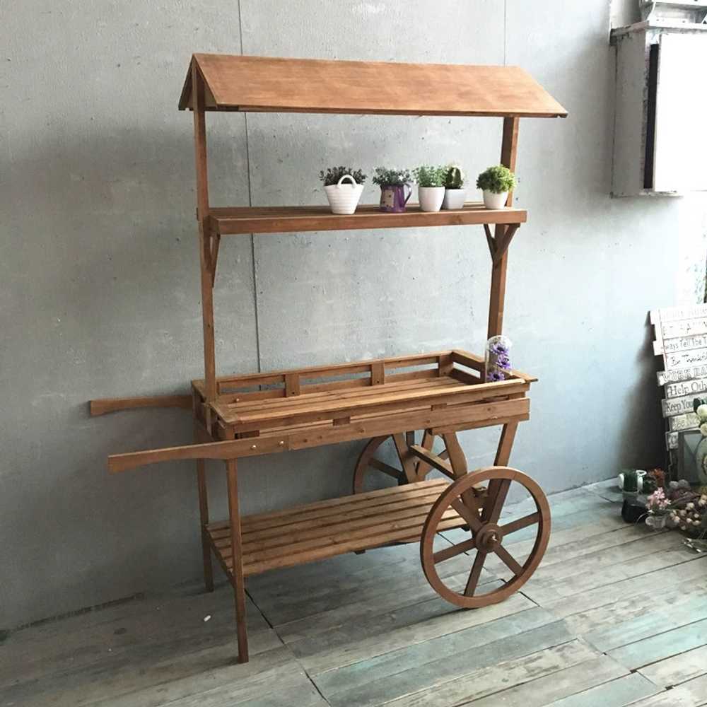 꽃수레 화분 우드 트롤리 가드닝 빈티지 카트 나무 121cm - 상세 이미지 3