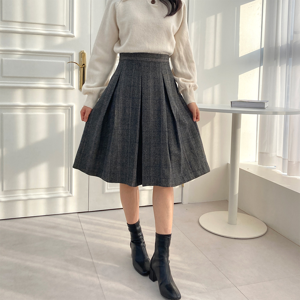 울 모직 체크 플리츠 미디 주름 스커트 S/M/L - 상세 이미지 3