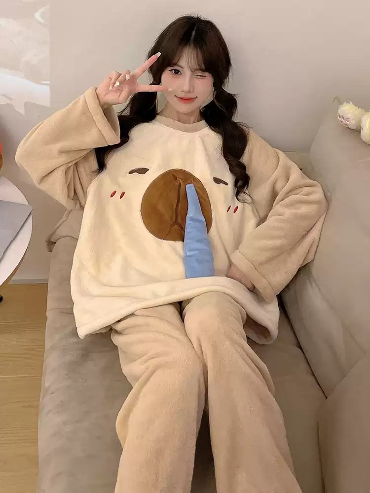 카피바라 잠옷 파티 수면 후드 홈웨어 수면잠옷 따뜻한 캐릭터 귀여운 겨울 파자마 - 상세 이미지 4