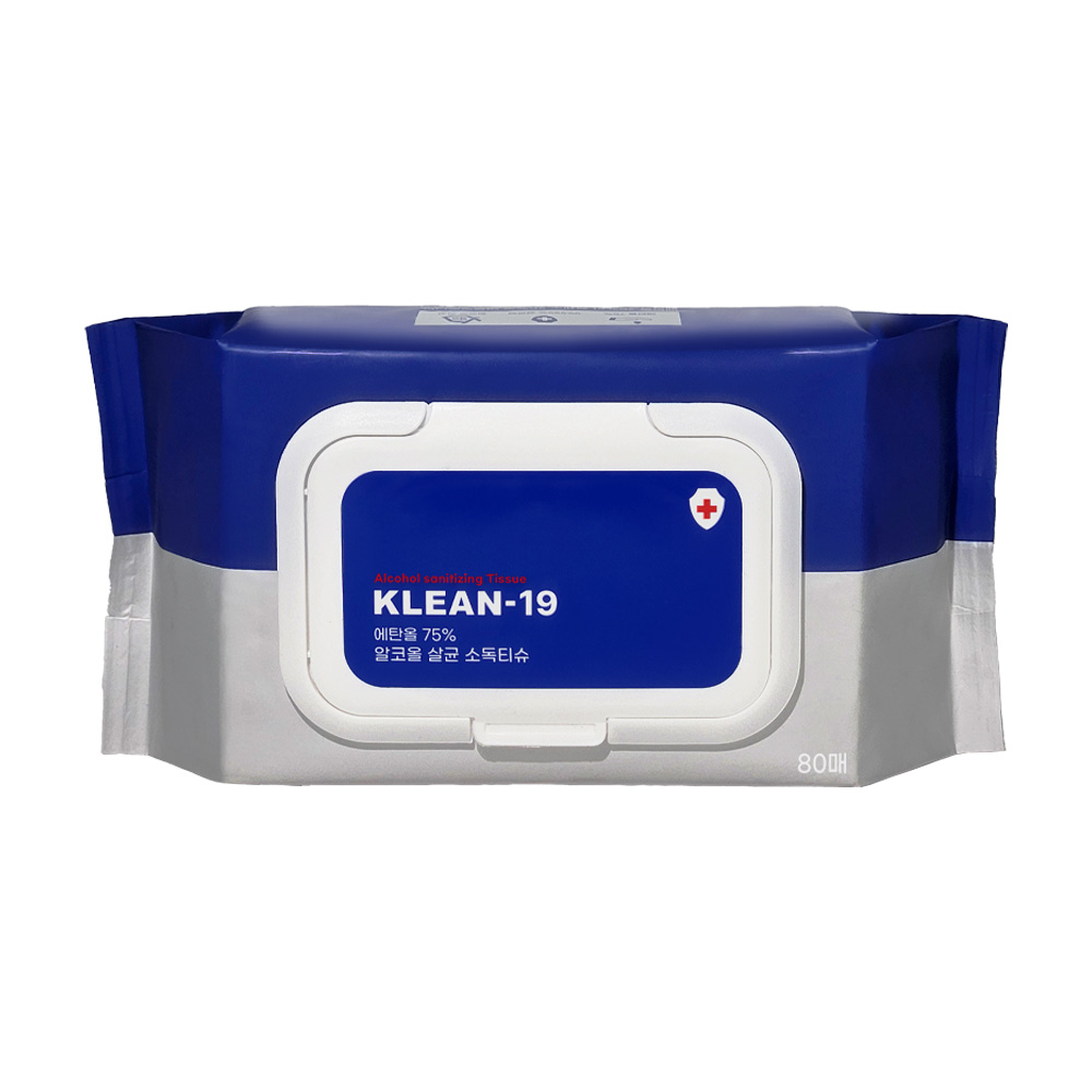 KLEAN-19 에탄올 75% 소독티슈 알콜 살균 세정 차량 애견용 80매 엠보싱 1박스