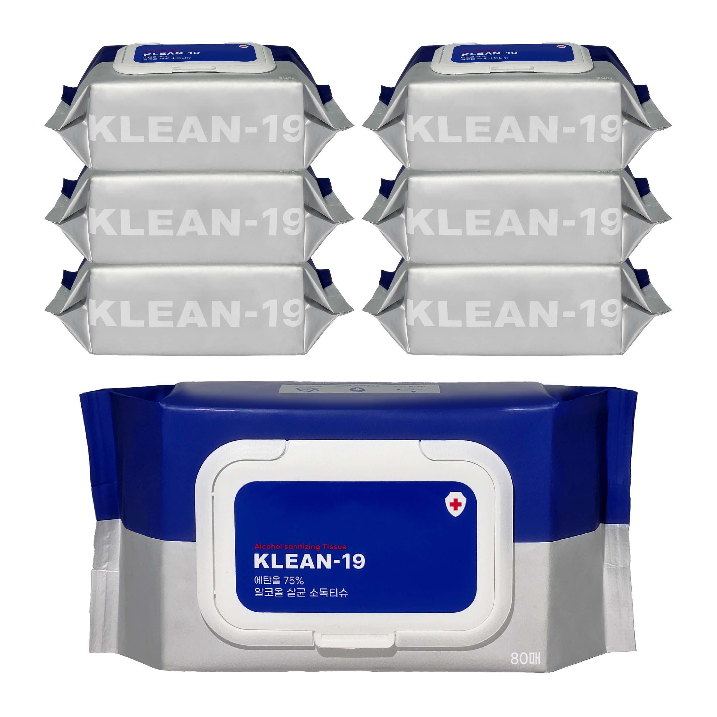KLEAN-19 에탄올 75% 소독티슈 알콜 세정 살균 차량용 애견용 1팩 80매 엠보싱 제품 이미지