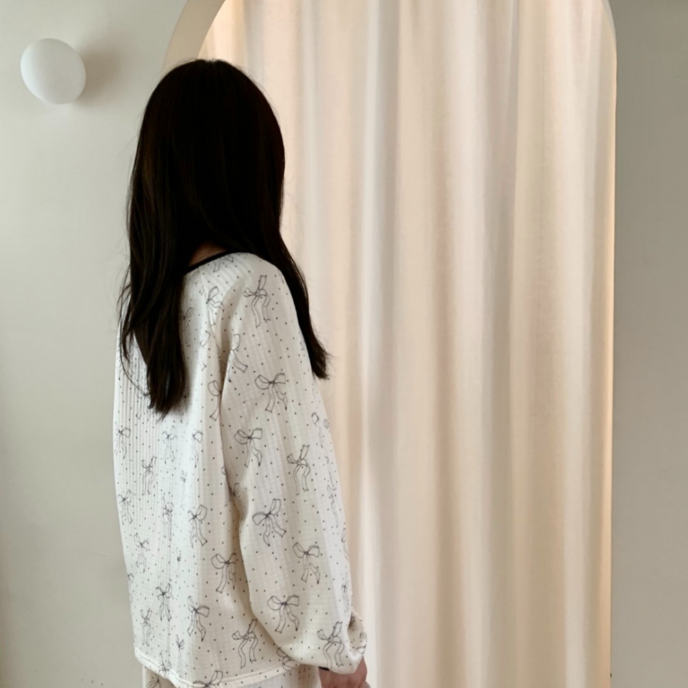 누빔잠옷 리본 겨울 여성 크리스마스 파자마파티 노카라 홈웨어 파자마 - 상세 이미지 5