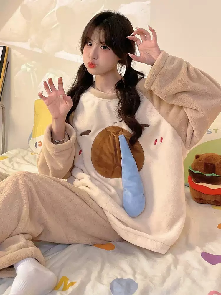 카피바라 잠옷 파티 수면 후드 홈웨어 수면잠옷 따뜻한 캐릭터 귀여운 겨울 파자마 - 상세 이미지 3