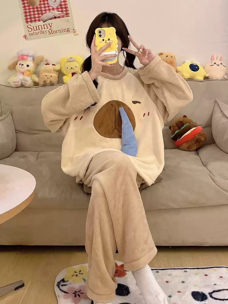 카피바라 잠옷 파티 수면 후드 홈웨어 수면잠옷 따뜻한 캐릭터 귀여운 겨울 파자마 - 상품 이미지