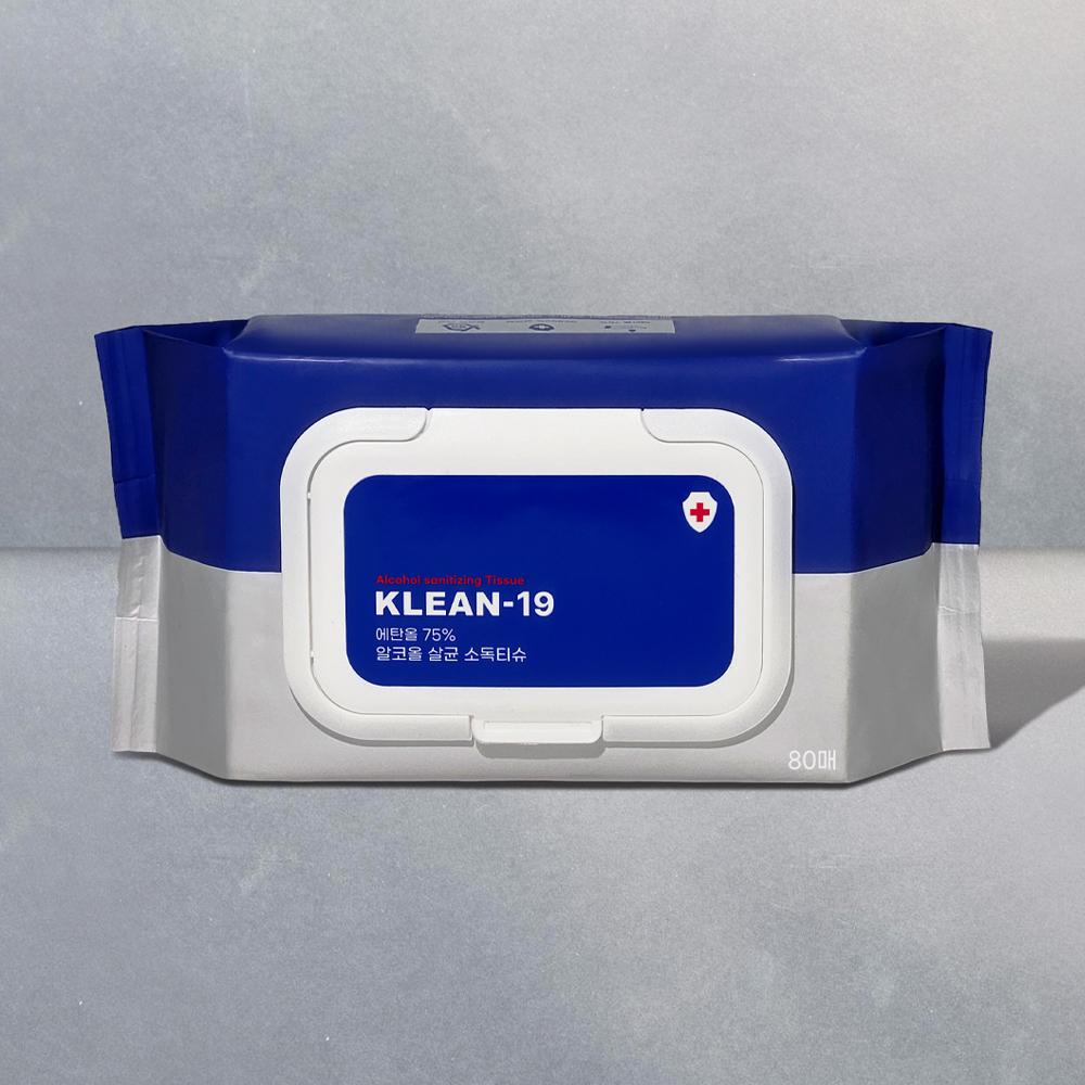 KLEAN-19 에탄올 75% 소독티슈 알콜 살균 세정 차량 애견용 80매 엠보싱 1박스