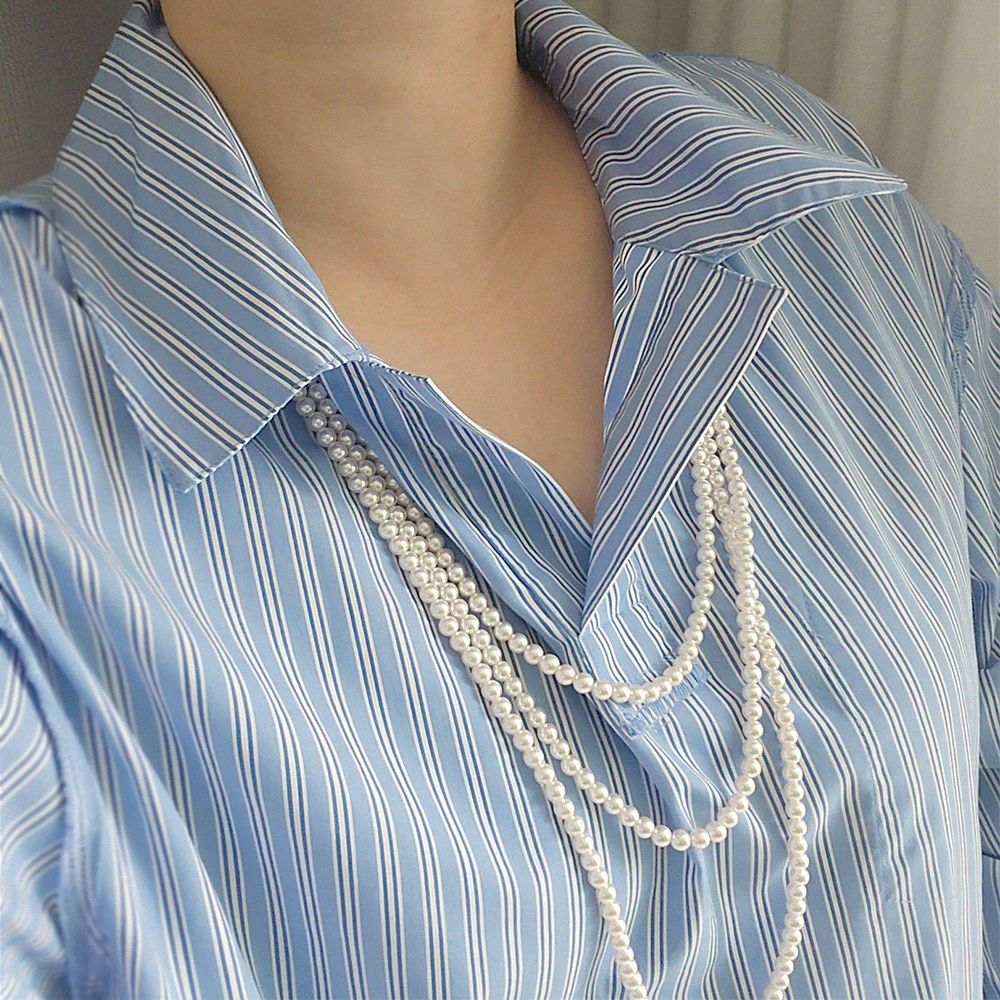 트리플 세줄 진주 레이어드 롱 목걸이 레진펄 - 상세 이미지 3