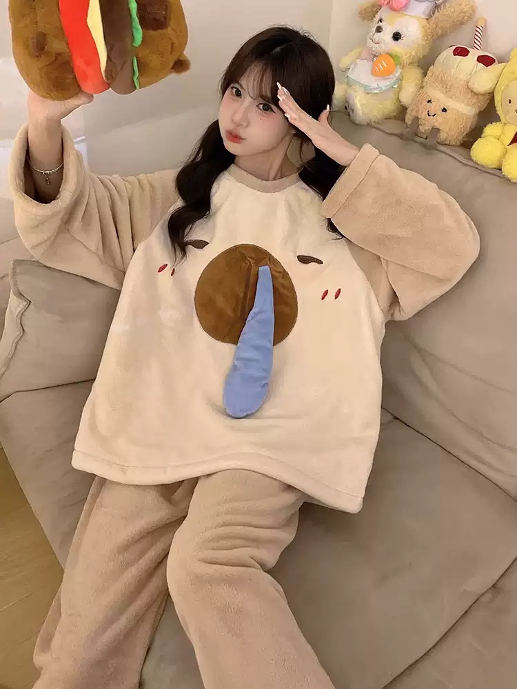 카피바라 잠옷 파티 수면 후드 홈웨어 수면잠옷 따뜻한 캐릭터 귀여운 겨울 파자마 - 상세 이미지 2