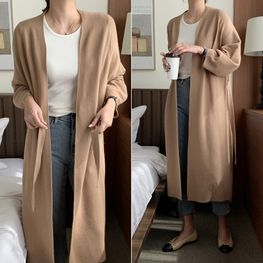 고급 루즈핏 숄 여자 니트가디건 벨트 로브 가을 간절기 여성 롱 가디건