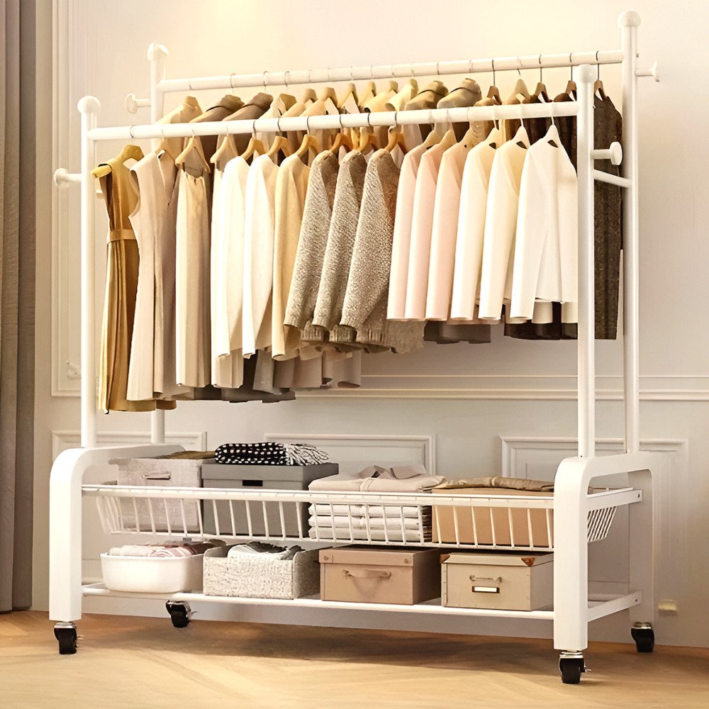 우아플레이스 이동식 행거 튼튼한 2단 트롤리 철제 스탠드 옷걸이