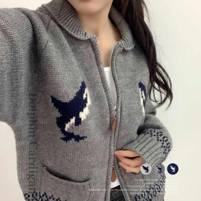 겨울 니트 가디건 돌핀패턴 루즈핏 카라 니트 집업 점퍼 - 상세 이미지 3