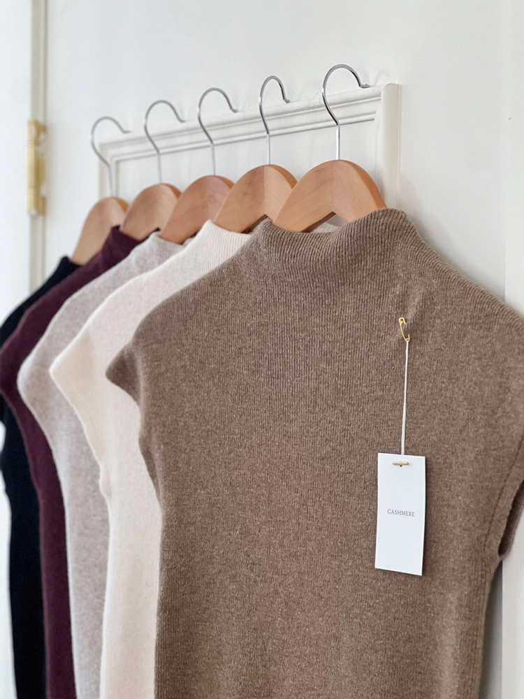 고급 울 캐시미어 니트 반폴라 반목 폴라 캡소매니트 반목폴라 여자 반팔 니트 티 가을 겨울