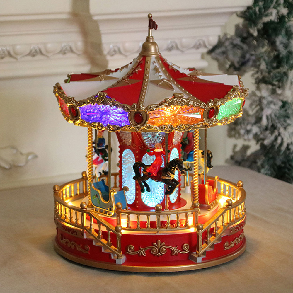 회전목마 크리스마스 오르골 크리스마스 소품 LED 무드등 크리스마스선물 화이트레드깃발