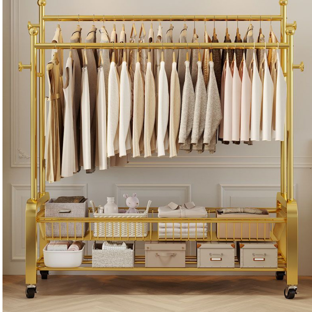 우아플레이스 이동식 행거 튼튼한 2단 트롤리 철제 스탠드 옷걸이