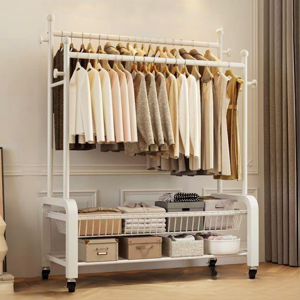 우아플레이스 이동식 행거 튼튼한 2단 트롤리 철제 스탠드 옷걸이