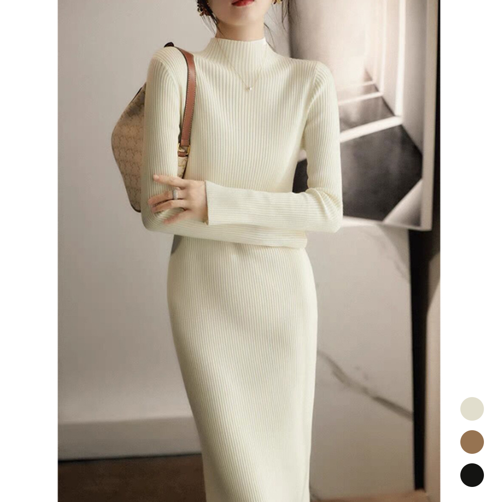 예식장하객룩 폴라 니트 원피스 목폴라 목티 골지 롱 원피스
