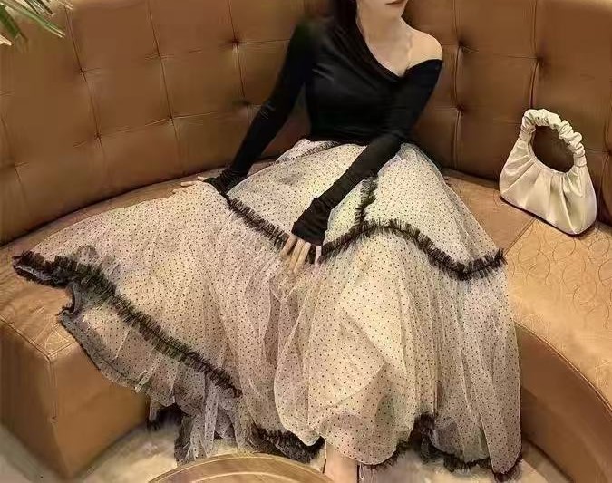 여자여자몰 프릴레이스 배색 도트샤스커트 풍성 맥시망사스커트 화려한치마 셀럽패션 - 상세 이미지 5