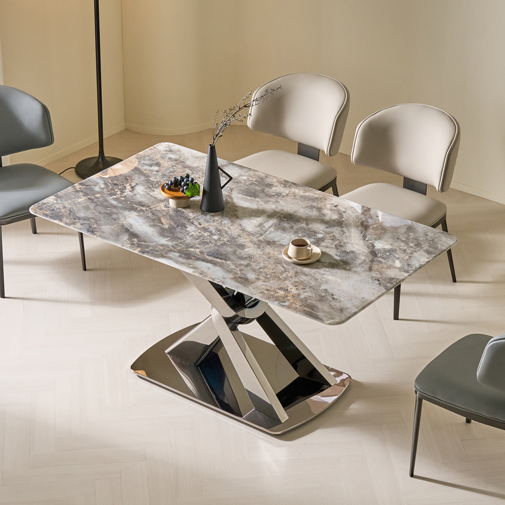 [방문설치] 엘리엇 천연대리석 럭셔리스톤 식탁 세트 4인 6인 실리콘가죽의자, 1600mm, 실버