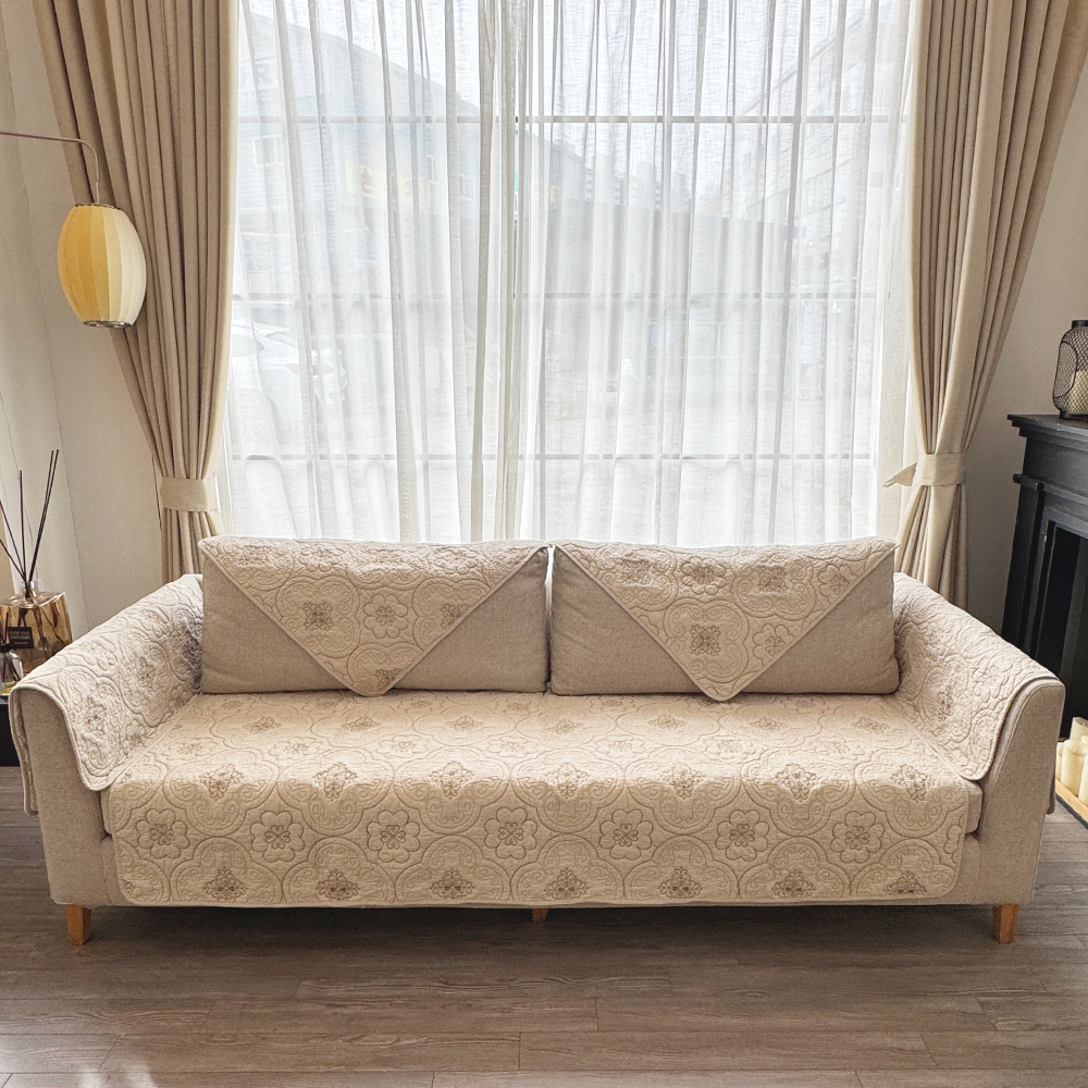 넓은 순면 쇼파패드 3인용 돌 소파매트 토퍼 논슬립 카우치 플라워 아이보리 90X180