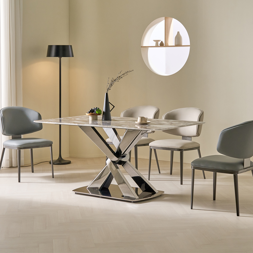 [방문설치] 엘리엇 천연대리석 럭셔리스톤 식탁 세트 4인 6인 인조가죽의자, 1600mm, 실버