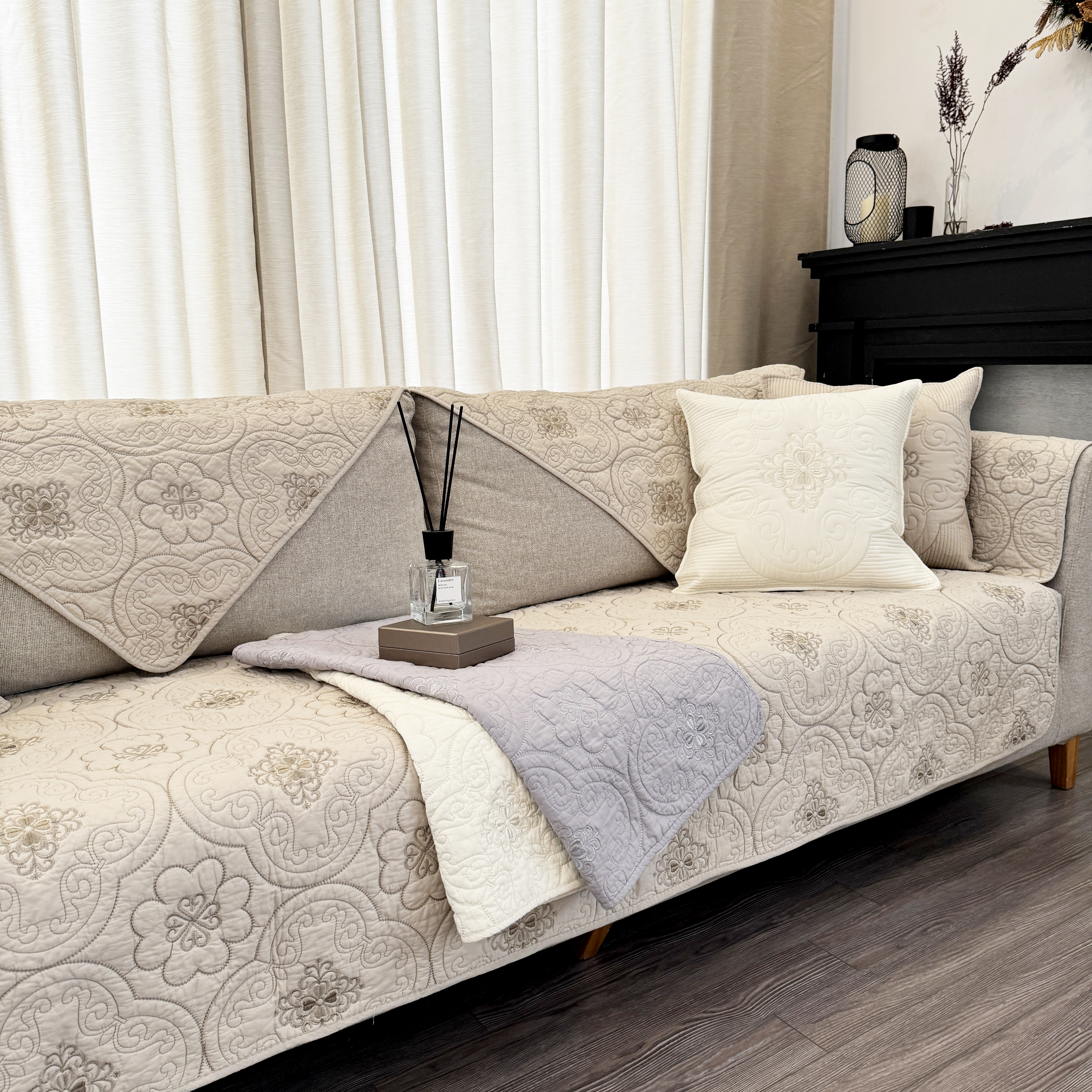 넓은 순면 쇼파패드 3인용 돌 소파매트 토퍼 논슬립 카우치 플라워 아이보리 90X180