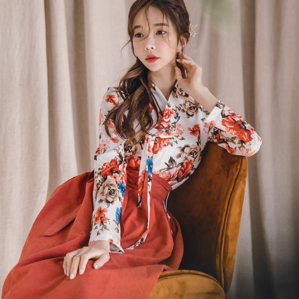 인화 다홍 허리치마 생활한복 개량 계량 퓨전 반티 - 상품 이미지