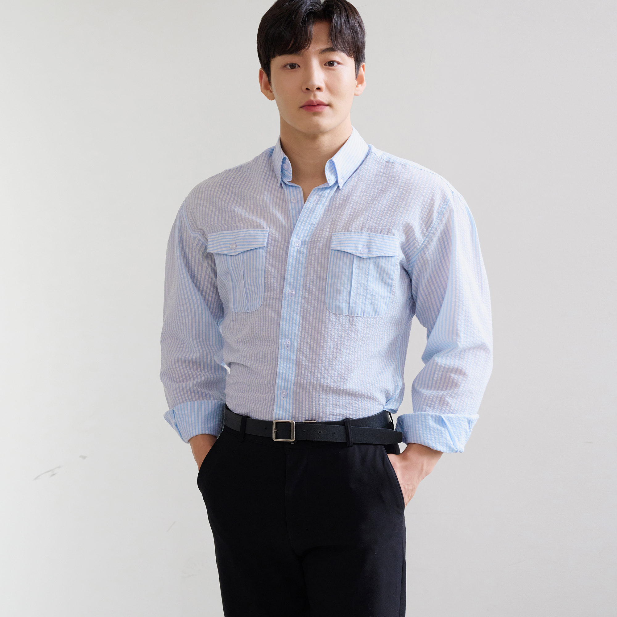 블랙라벨 (black label) - 하이엔드 시어서커 레터링 머슬핏 정장 여름 지지미 셔츠 제품 이미지