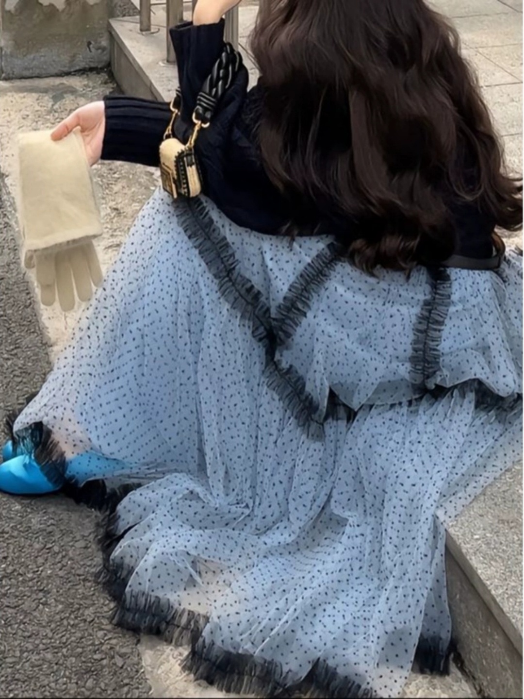 여자여자몰 프릴레이스 배색 도트샤스커트 풍성 맥시망사스커트 화려한치마 셀럽패션 - 상세 이미지 4