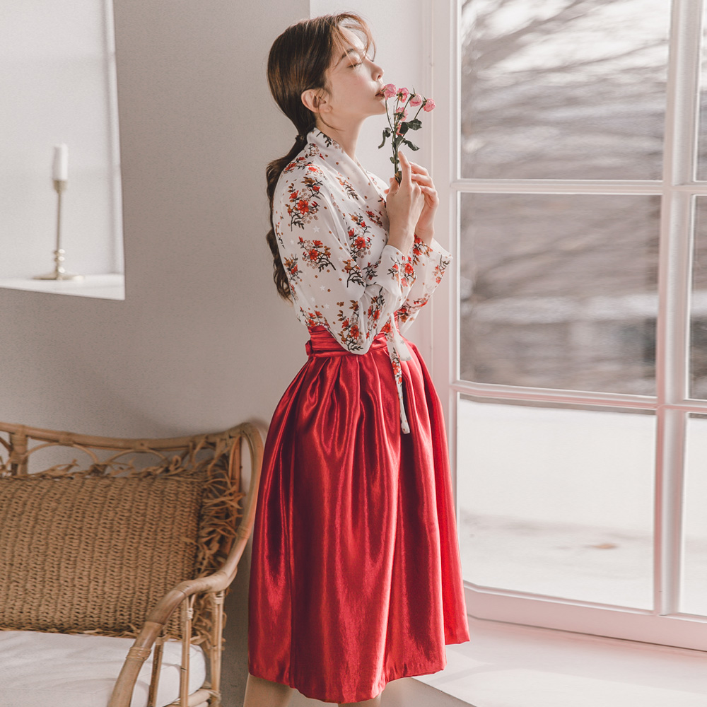 로시 레드 허리치마 생활한복 개량 계량 퓨전 반티