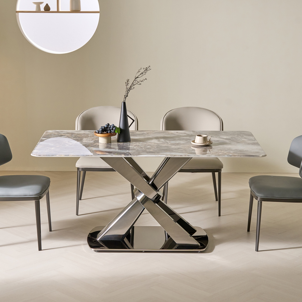 [방문설치] 엘리엇 천연대리석 럭셔리스톤 식탁 세트 4인 6인 실리콘가죽의자, 1600mm, 실버