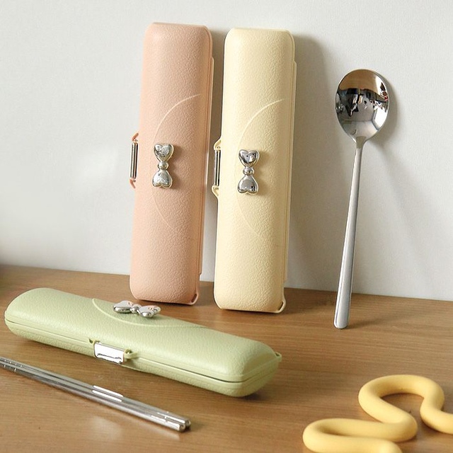 도시락수저통 휴대용수저세트 스텐 케이스 무소음 리본 어린이