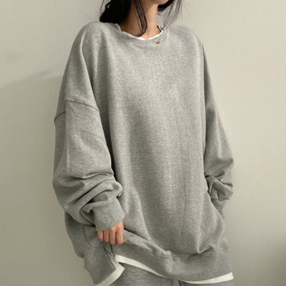 여자 후드 티셔츠 루즈핏 봄 겨울 가을 긴팔 무지 오버핏 기본 빅사이즈 데일리 라운드넥 - 상품 이미지