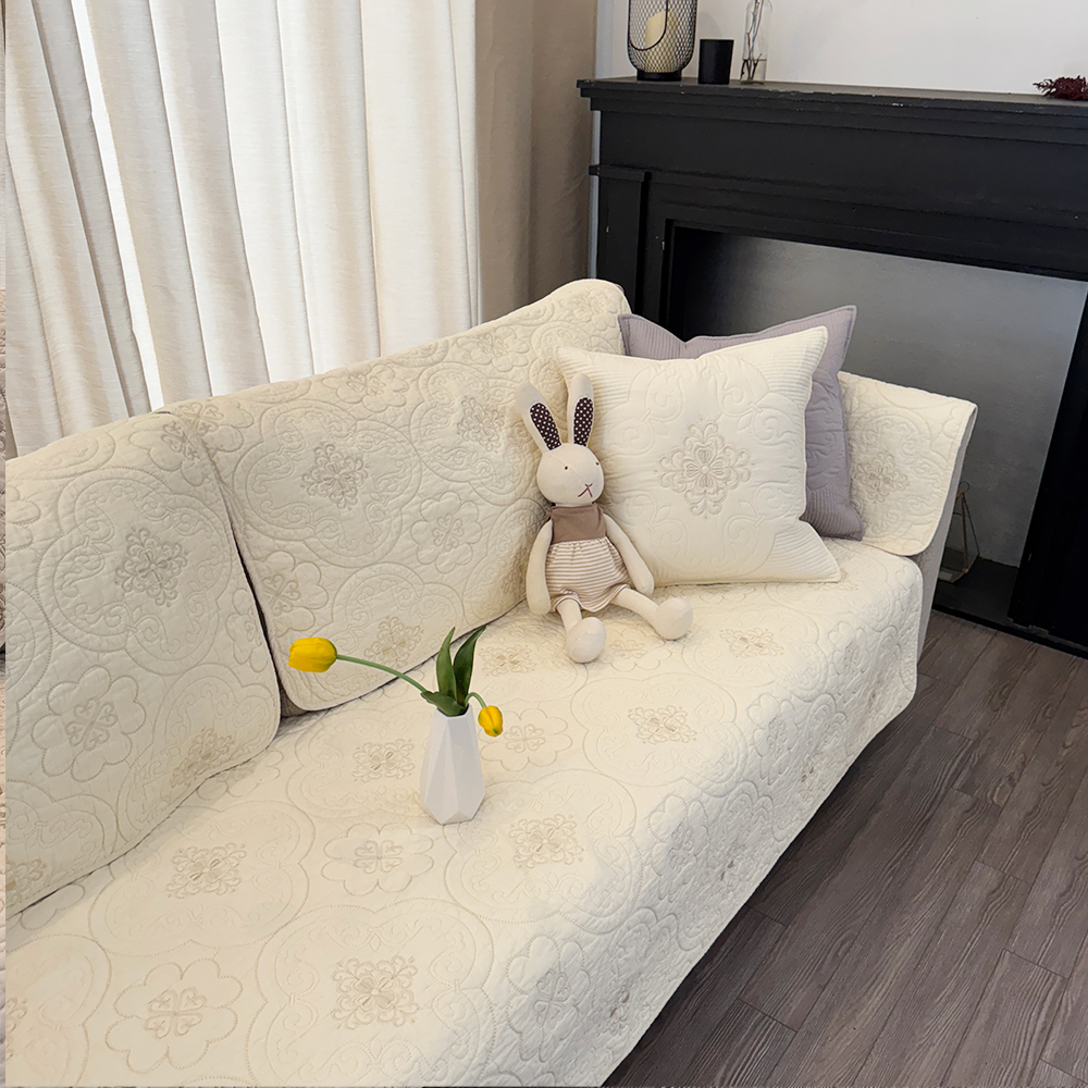 넓은 순면 쇼파패드 3인용 돌 소파매트 토퍼 논슬립 카우치 플라워 아이보리 90X180
