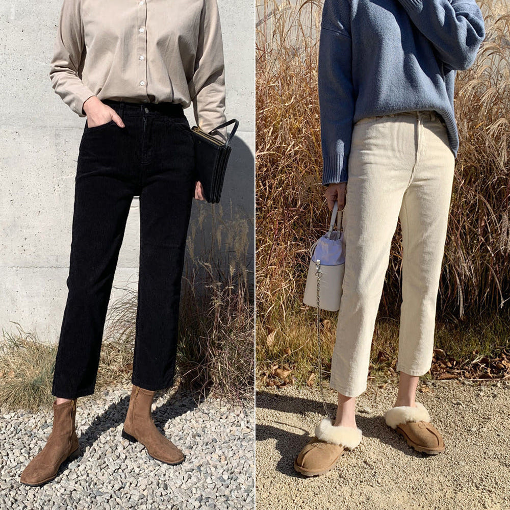 하이웨스트 여성 코듀로이팬츠 면 일자 밴딩바지 골지 키작녀바지 여자 가을 겨울팬츠 베이지 - 상품 이미지