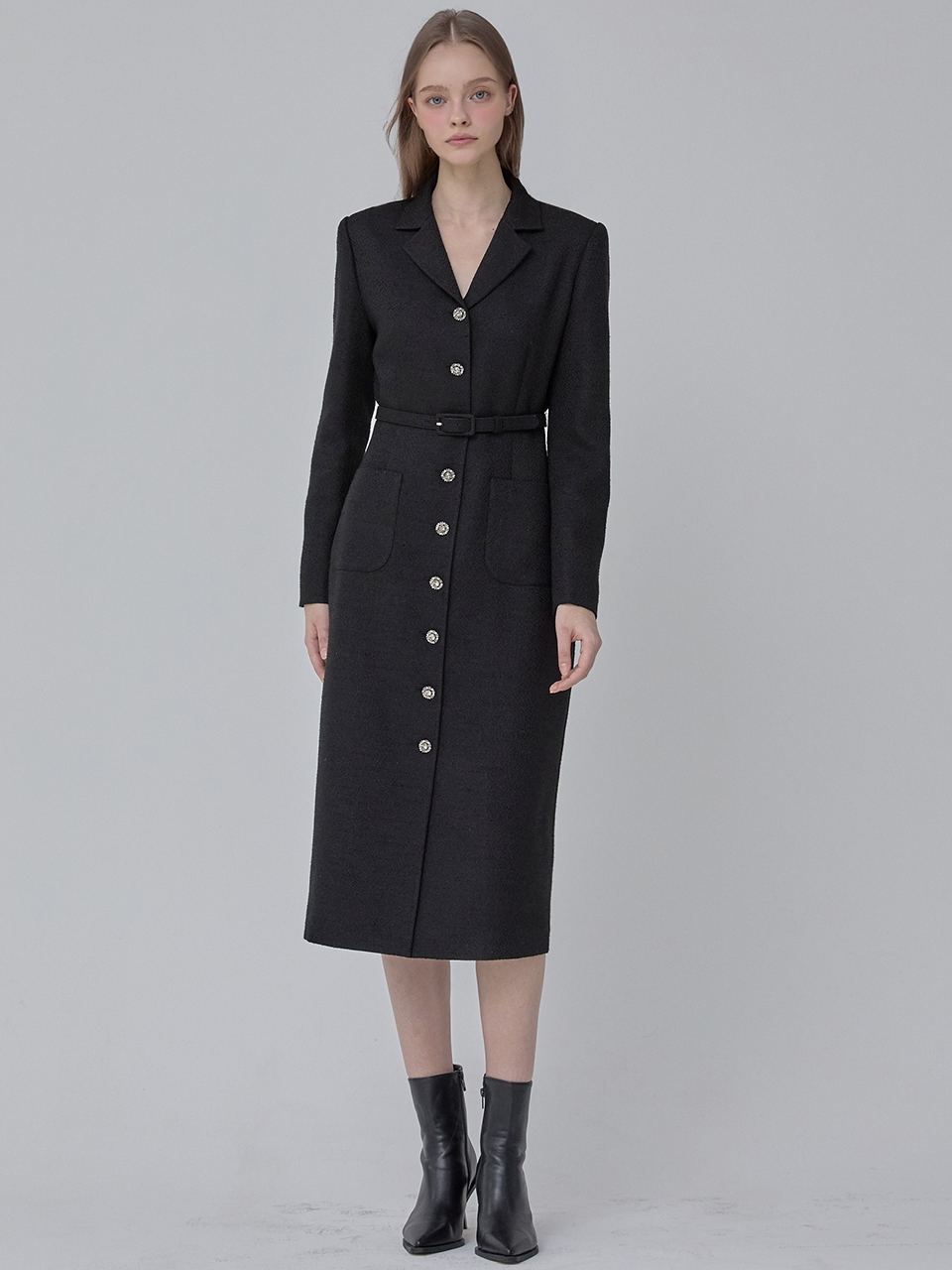 [쥴리앤칼라]24  FW 칼라104 디어 롱 퀸 트위드원피스  블랙 - 상품 이미지