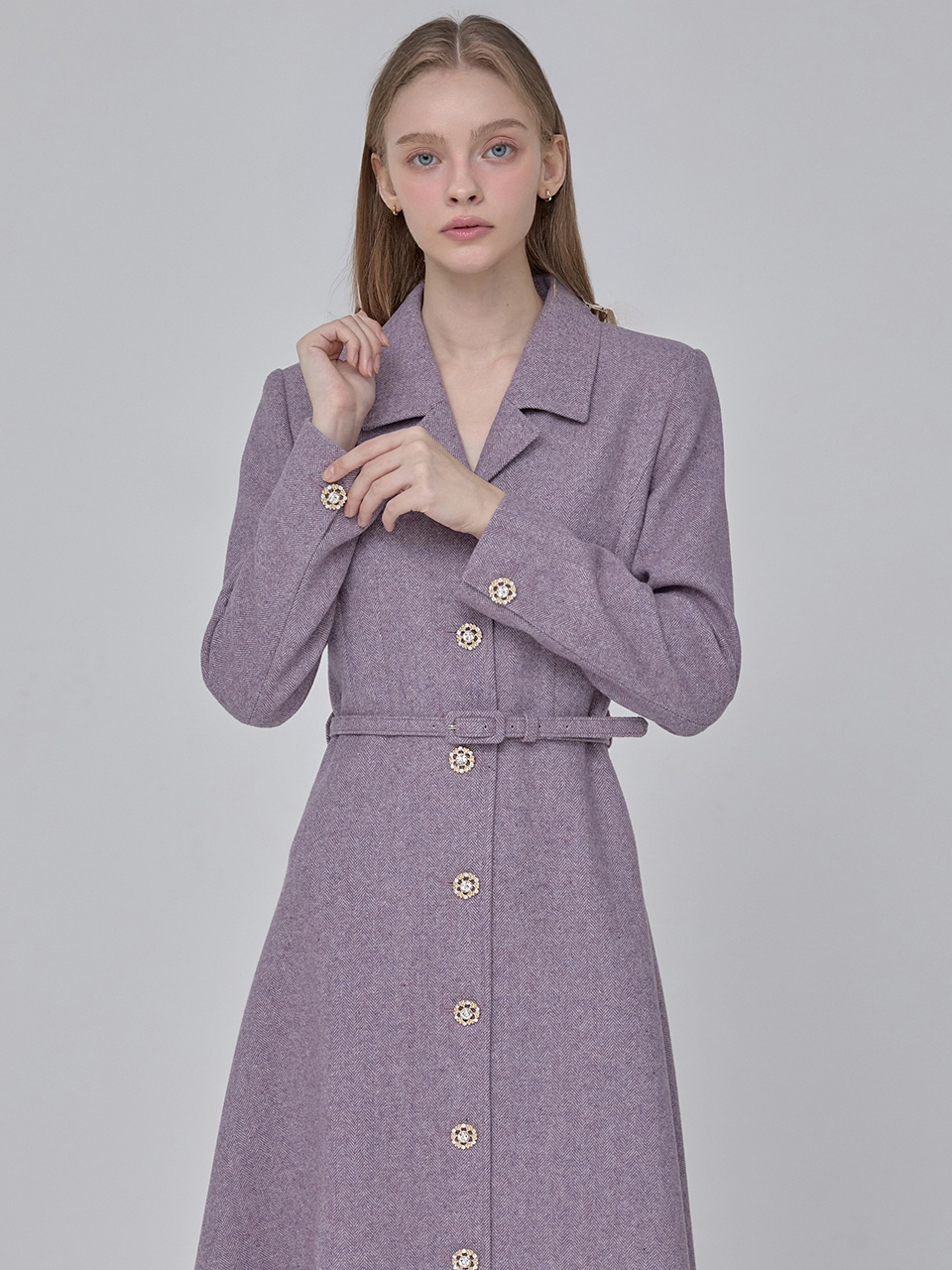 [쥴리앤칼라]24  FW 칼라107 디어 플레어 롱 퀸 트위드원피스 헤링본 퍼플 - 상세 이미지 5