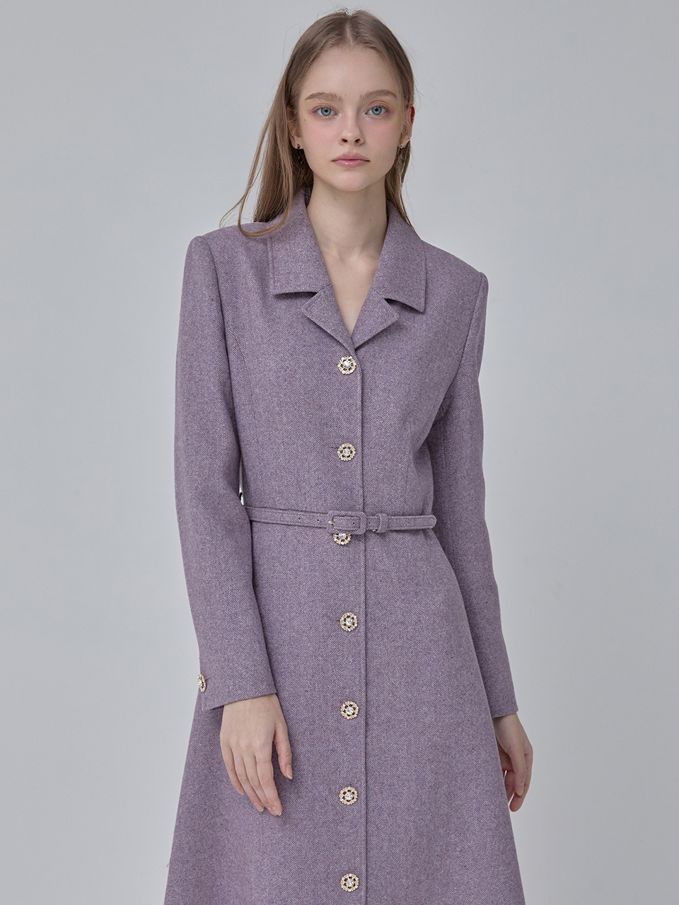 [쥴리앤칼라]24  FW 칼라107 디어 플레어 롱 퀸 트위드원피스 헤링본 퍼플 - 상세 이미지 2