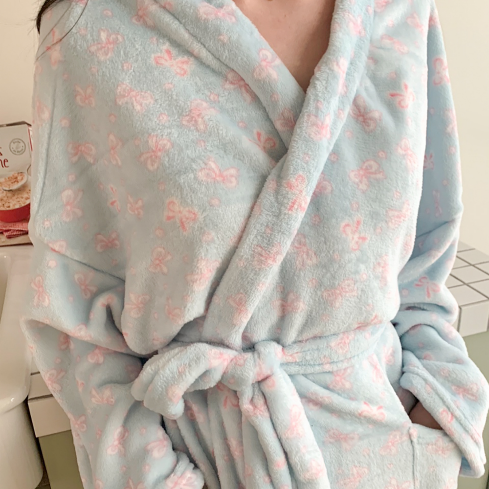 수면가운 극세사 로브 블루 리본 골프 목욕 나이트 수면 홈웨어 파자마 - 상세 이미지 4
