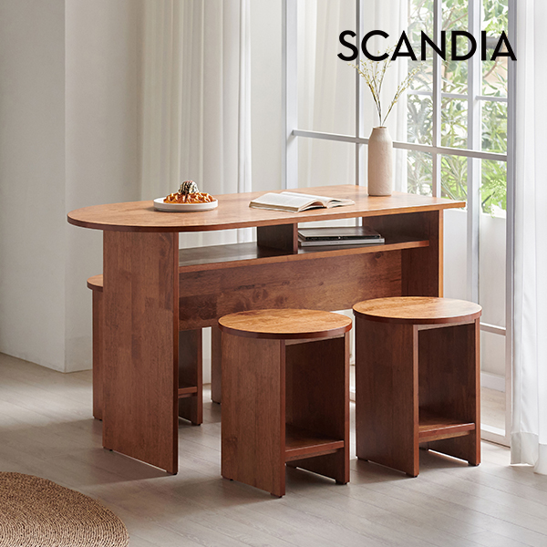 스칸디아 우디 1200 반타원형 수납 원목 테이블 식탁세트(스툴4) - 상품 이미지