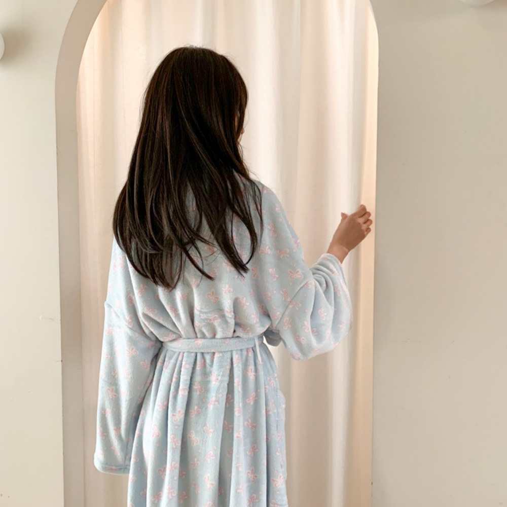 수면가운 극세사 로브 블루 리본 골프 목욕 나이트 수면 홈웨어 파자마 - 상세 이미지 3