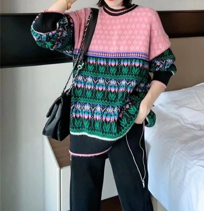 여자여자몰 러블리니트티 파스텔배색 플라워니트 캐쥬얼 노르딕스웨터 겨울 - 상세 이미지 5